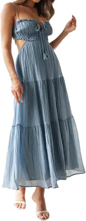 Women's Summer Dress V Neck Spaghetti Strap Sleeveless High Waist Bohemian Wedding Beach Casual Maxi Long Dresses