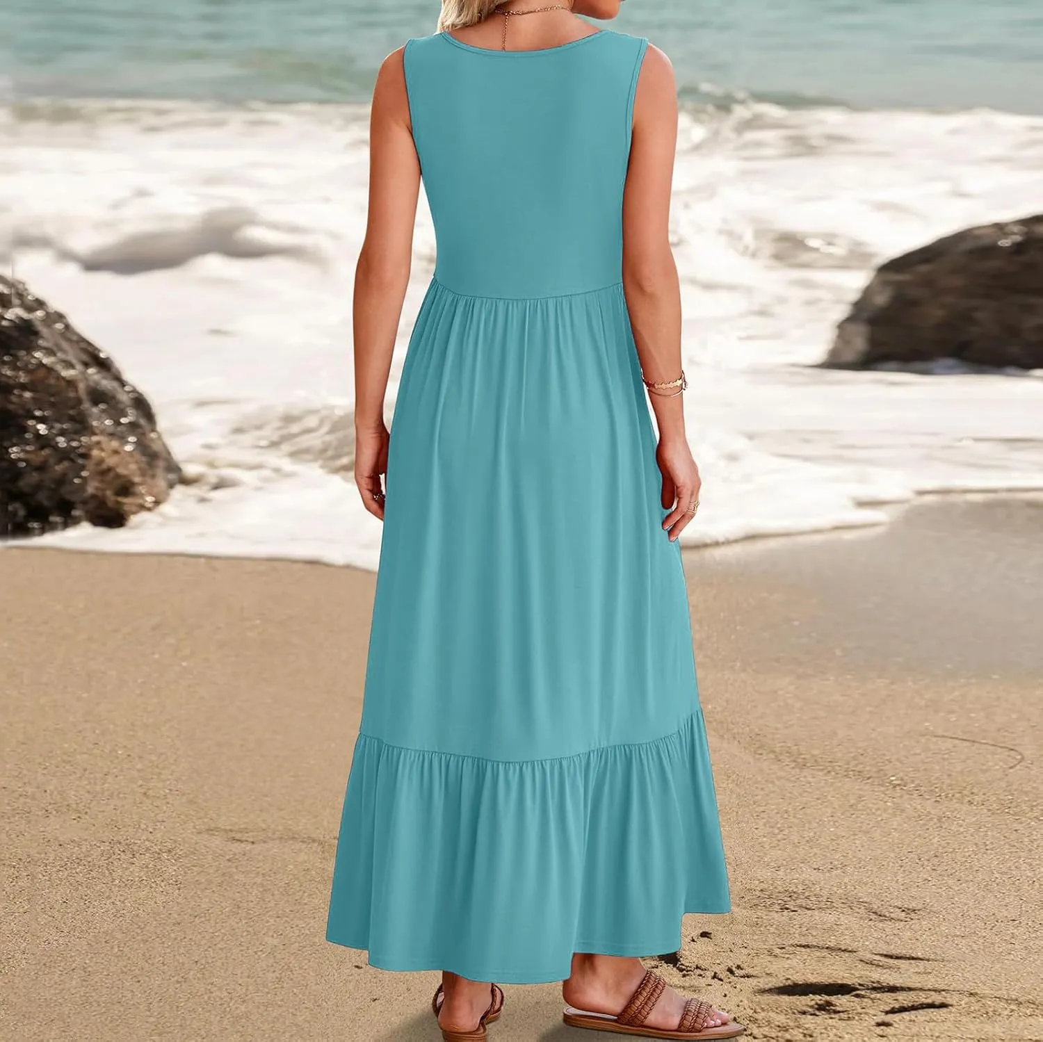 Women's Summer Long Dress Elegant Pleated Sleeveless Square Collar Tank Dress Casual Ruffle Vacation Swing Sundresses