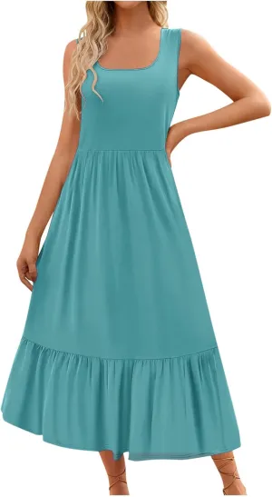Women's Summer Long Dress Elegant Pleated Sleeveless Square Collar Tank Dress Casual Ruffle Vacation Swing Sundresses