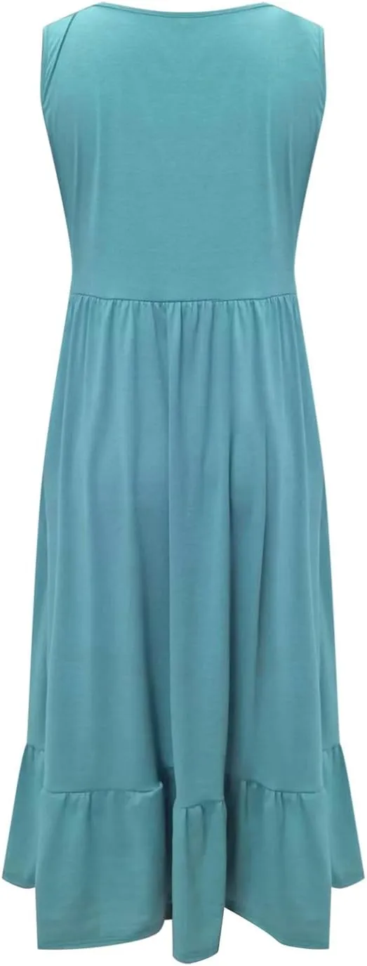 Women's Summer Long Dress Elegant Pleated Sleeveless Square Collar Tank Dress Casual Ruffle Vacation Swing Sundresses