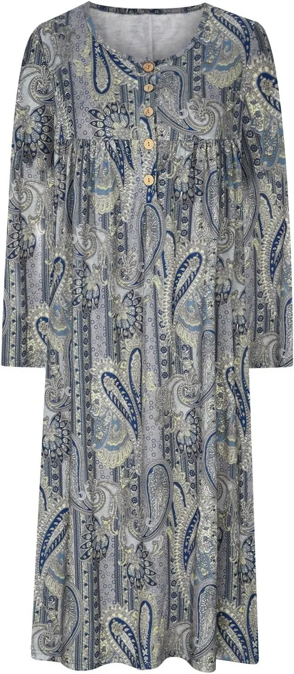 Women's Summer Maxi Dress 2025 Casual Short Sleeve Crewneck Flowy Swing Pleated Long Beach Dresses with Pockets