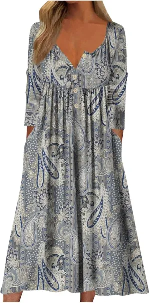 Women's Summer Maxi Dress 2025 Casual Short Sleeve Crewneck Flowy Swing Pleated Long Beach Dresses with Pockets