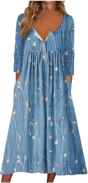 Women's Summer Maxi Dress 2025 Casual Short Sleeve Crewneck Flowy Swing Pleated Long Beach Dresses with Pockets