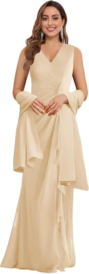 Women's V Neck Mother of The Bride Dress with Shawl Chiffon Ruffle Long Formal Wedding Guest Party Gowns