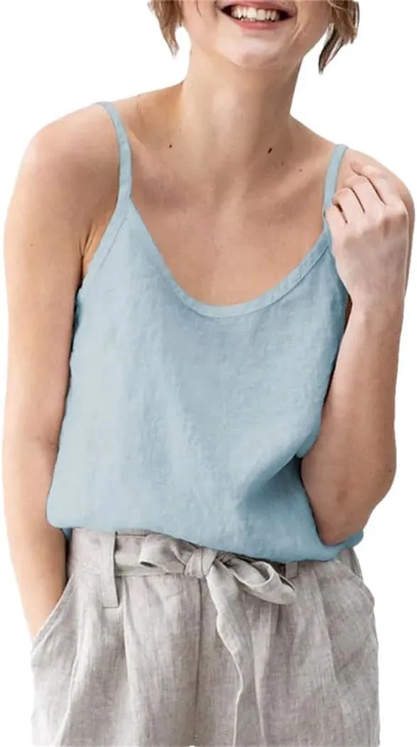 Women's Vintage Cotton-Linen Blend Camisole Breathable Sleeveless Tank Tops with Adjustable Boho-Chic Straps