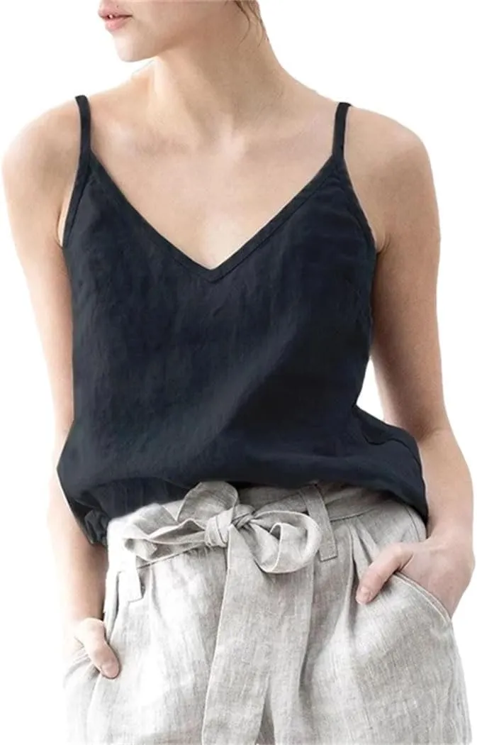 Women's Vintage Cotton-Linen Blend Camisole Breathable Sleeveless Tank Tops with Adjustable Boho-Chic Straps