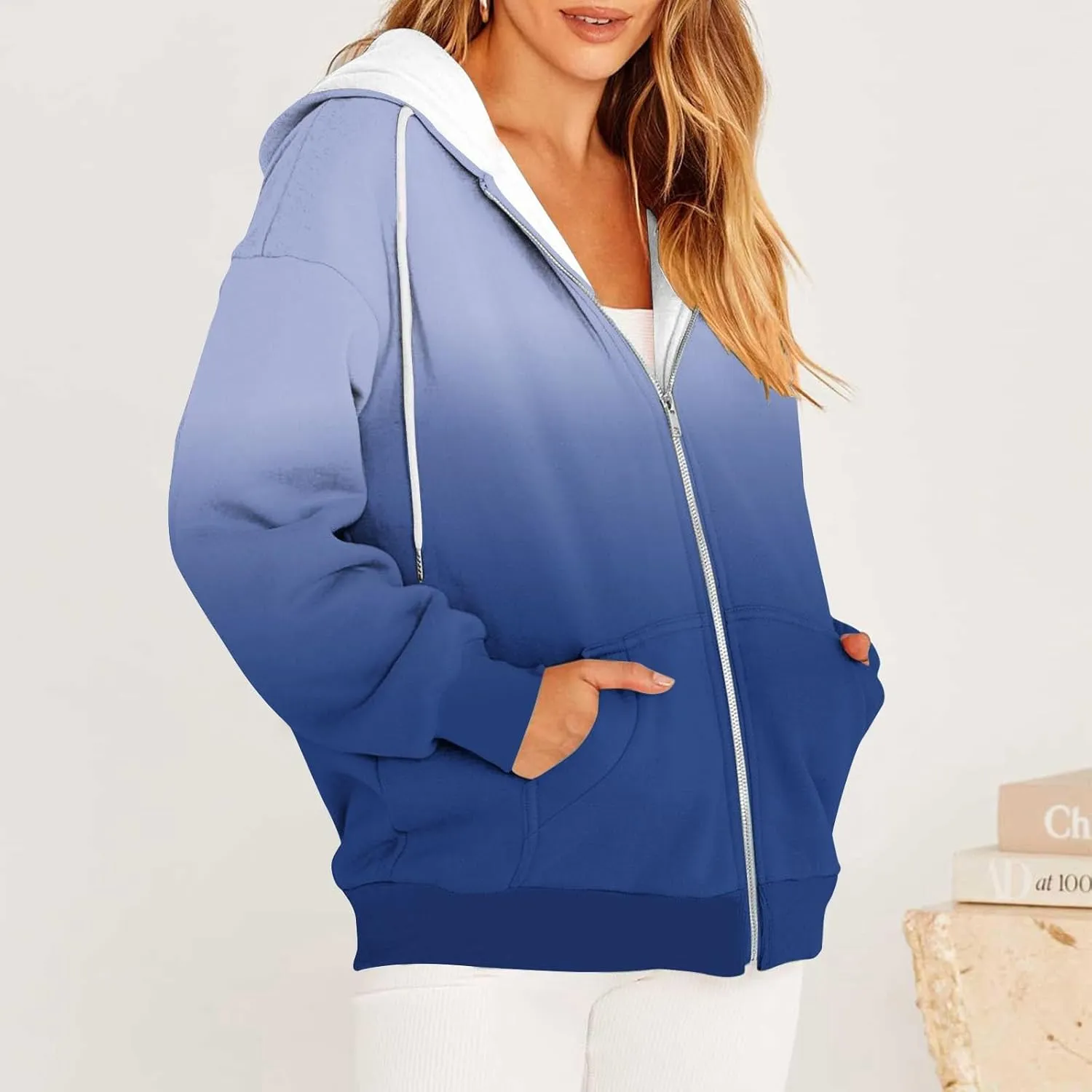 Womens Zip Up Hoodies Sherpa Lined Fleece Thermal Jacket Full Zip Long Sleeve Sweatshirts Gradient Color Shirts Coat