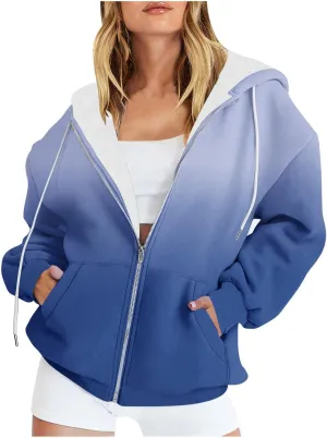 Womens Zip Up Hoodies Sherpa Lined Fleece Thermal Jacket Full Zip Long Sleeve Sweatshirts Gradient Color Shirts Coat