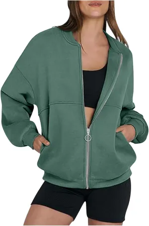Women's Zip Up Sweatshirt Jackets No Hood Long Sleeve Sweatshirt Casual Loose Fit Outerwear with Pockets Fall Clothes