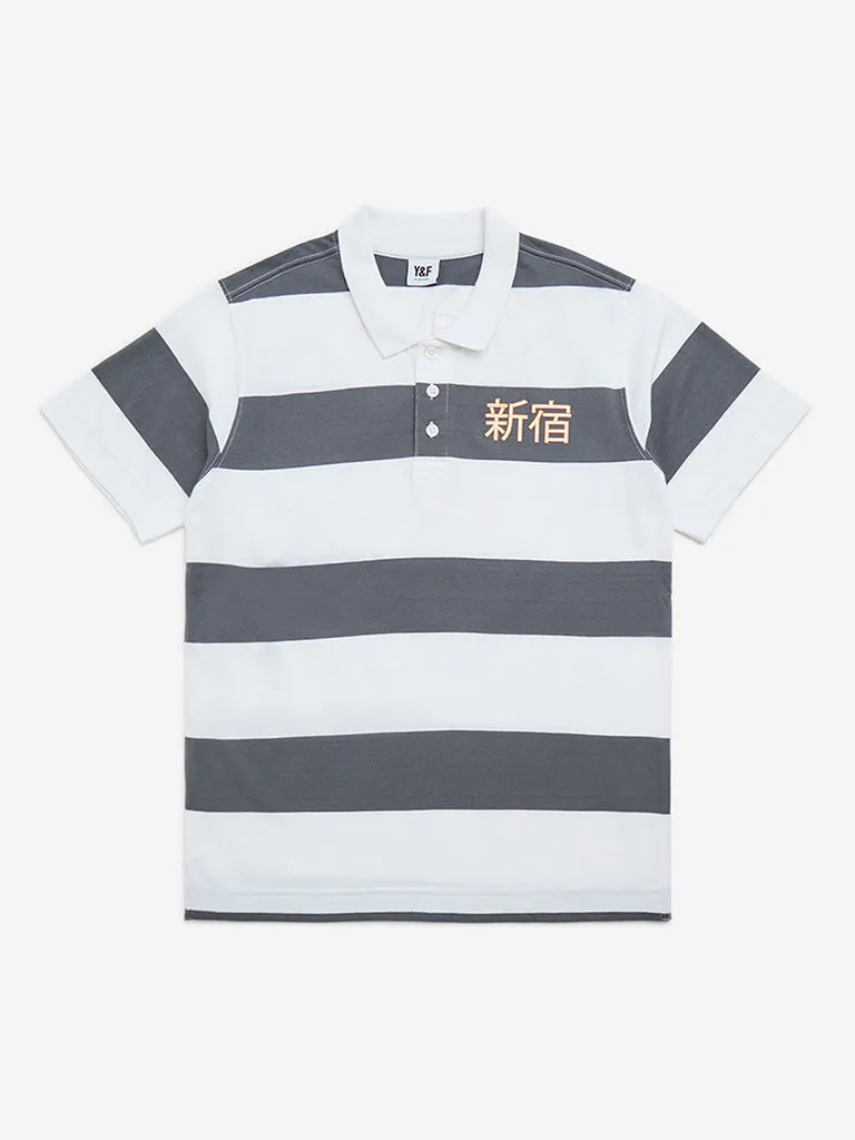 Y&F Kids Charcoal Stripe Printed Cotton Polo T-Shirt