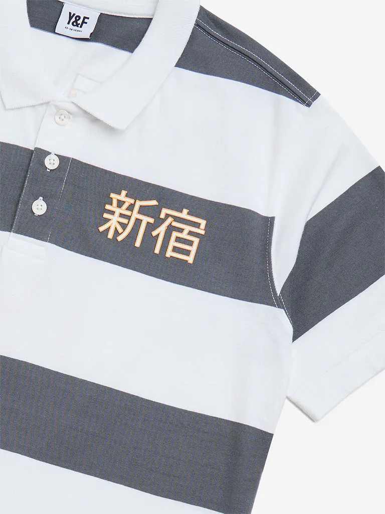 Y&F Kids Charcoal Stripe Printed Cotton Polo T-Shirt
