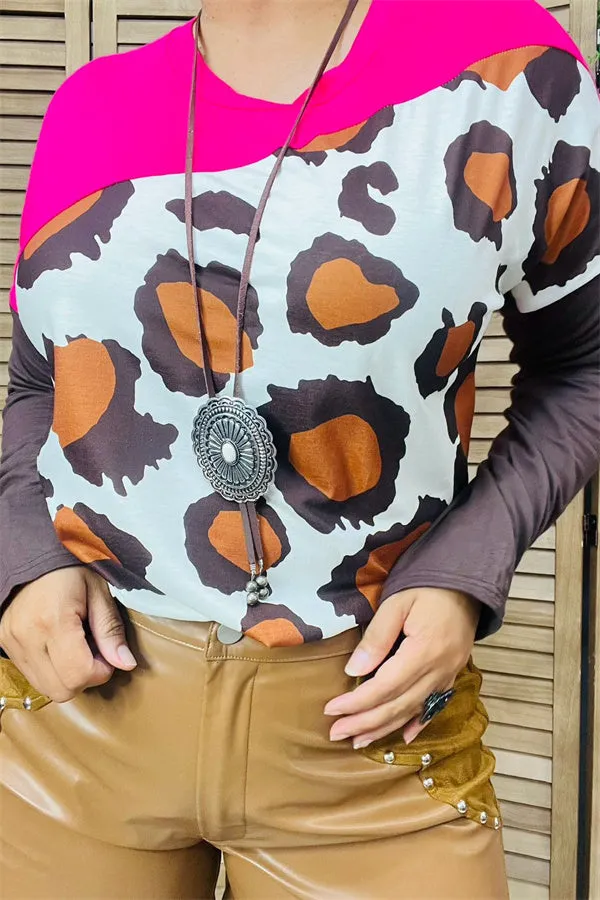 YMY14321 Part of block fuchsia&brown with body leopard multi color printed long sleeve women tops