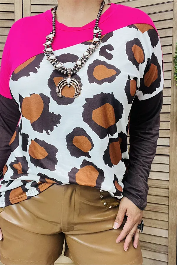 YMY14321 Part of block fuchsia&brown with body leopard multi color printed long sleeve women tops
