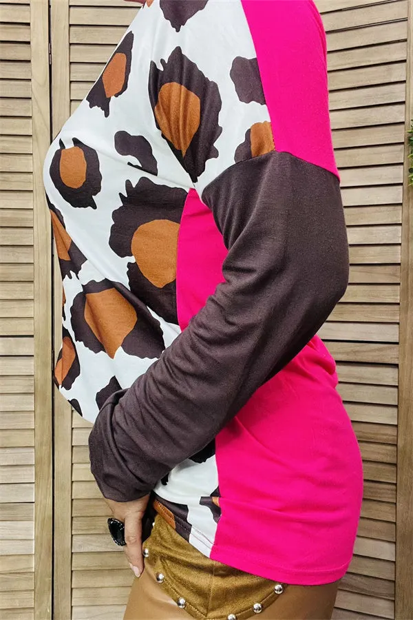 YMY14321 Part of block fuchsia&brown with body leopard multi color printed long sleeve women tops
