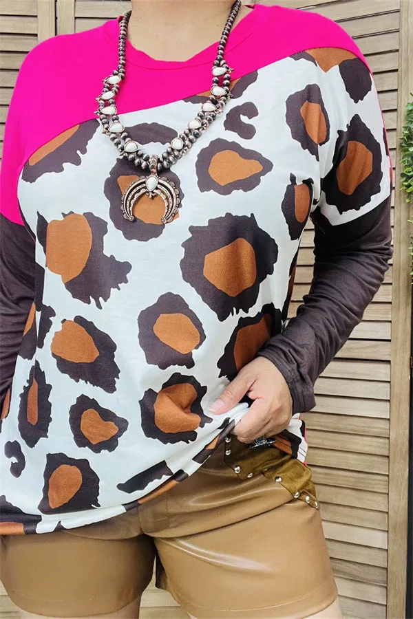 YMY14321 Part of block fuchsia&brown with body leopard multi color printed long sleeve women tops
