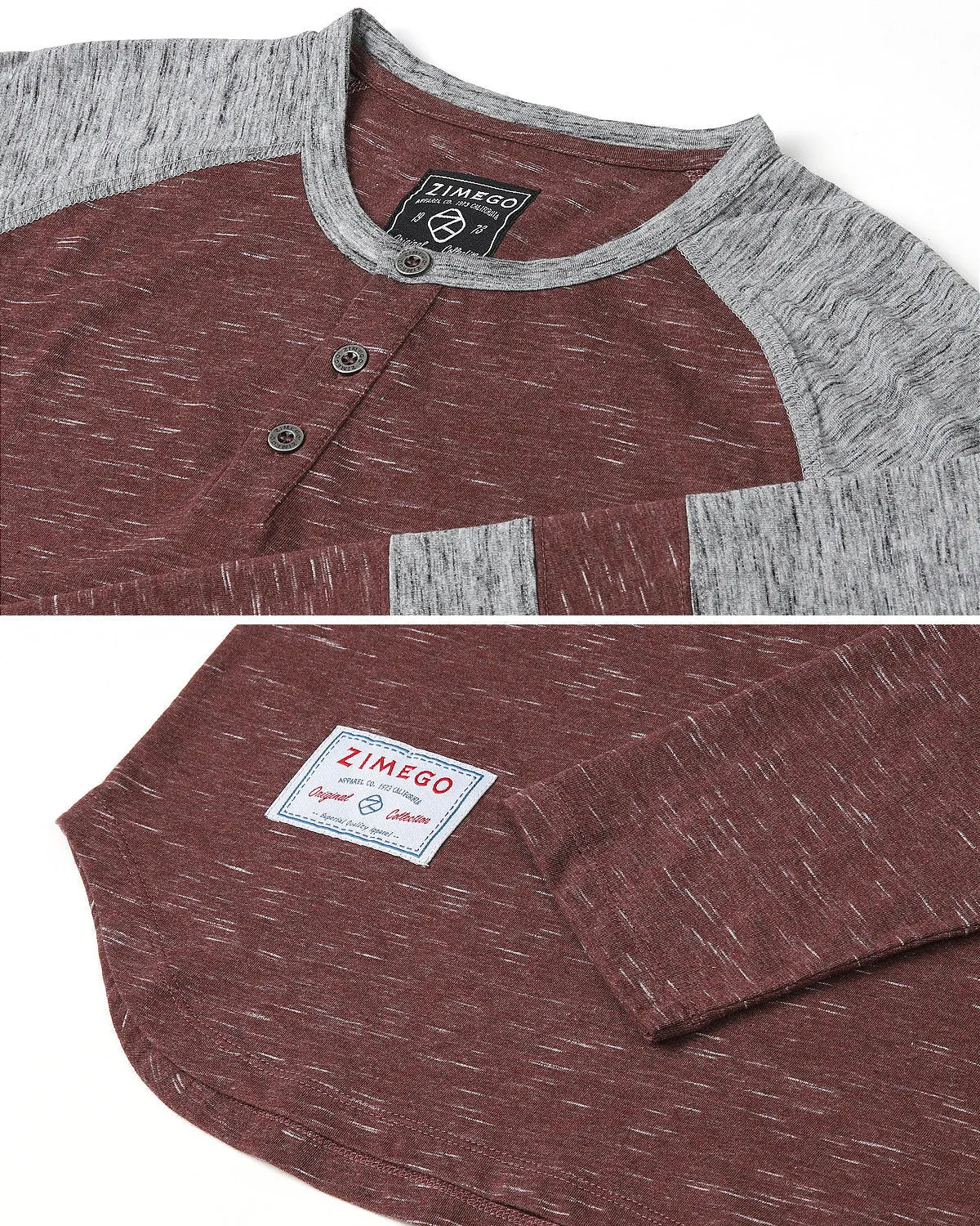 ZIMEGO Men's 3/4 Sleeve MAROON Baseball Football College Raglan Henley Athletic T-shirt